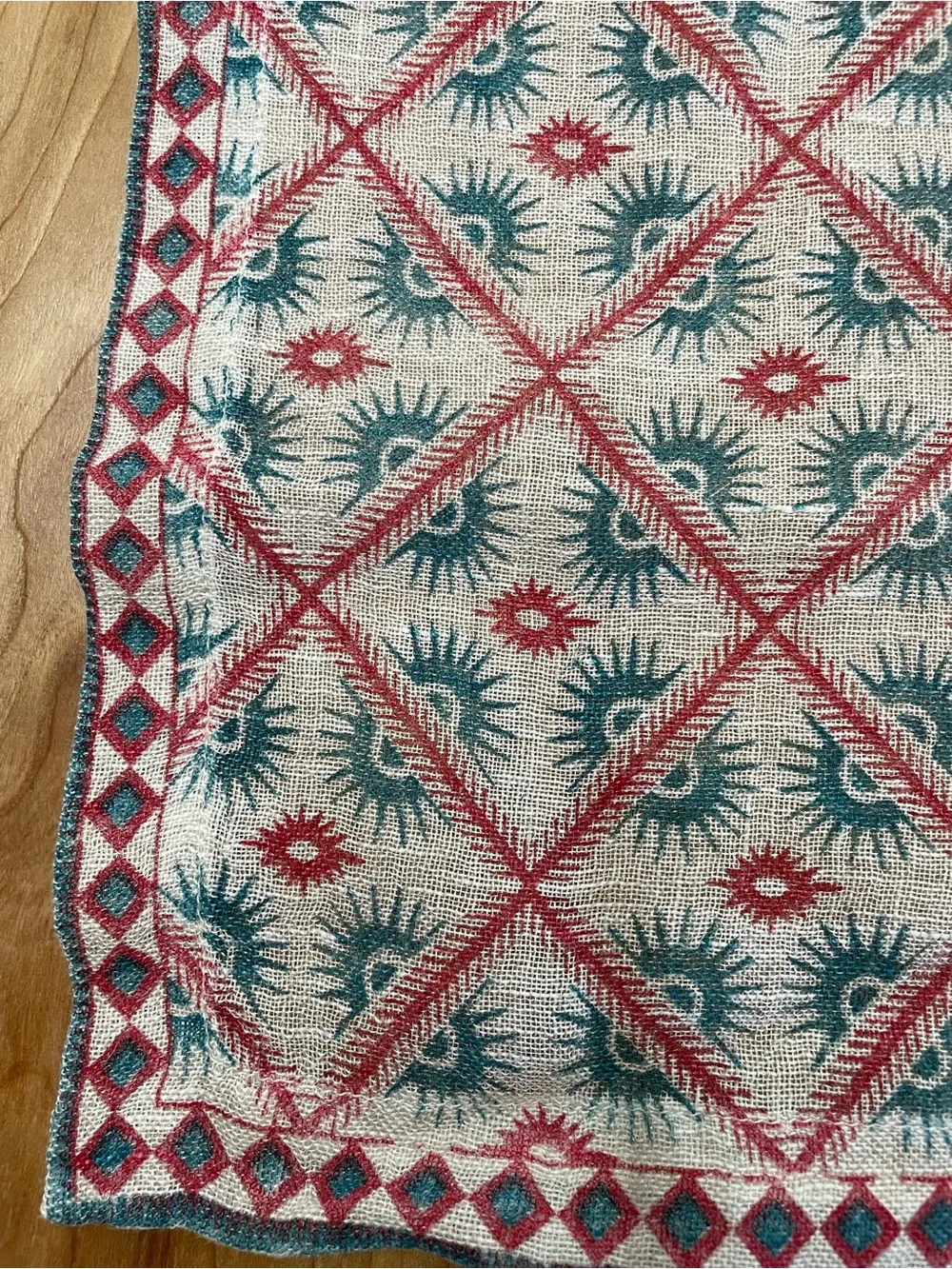 Crate And Barrel Linen Napkins Set of 6 Red Teal Hand Geometric Trellis Design